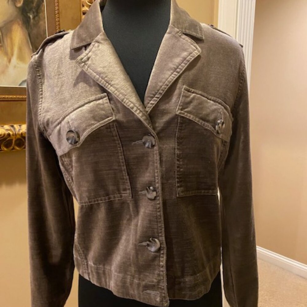 CABI Silvery Taupe /Green Velvet Button-Up Short Women's Jacket Size M